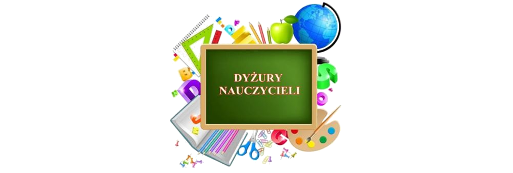 Napis dyżury nauczycieli, ekierka, globus, przybory szkolne