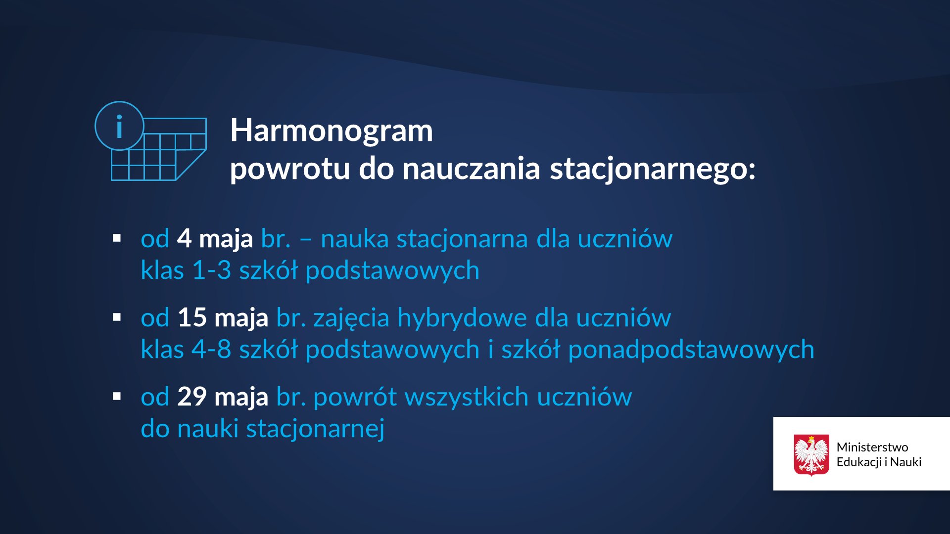 Napis Harmonogram powrotu do nauczania stacjonarnego