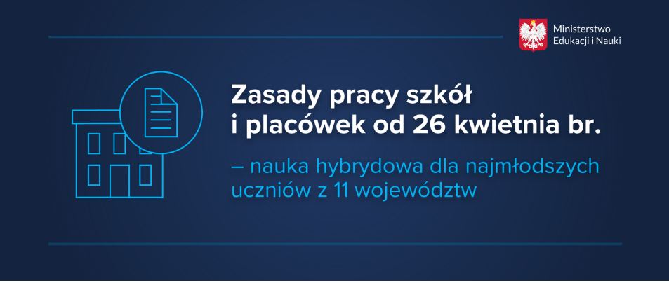 Napis Zasady pracy szkół i placówek od 26 kwietnia